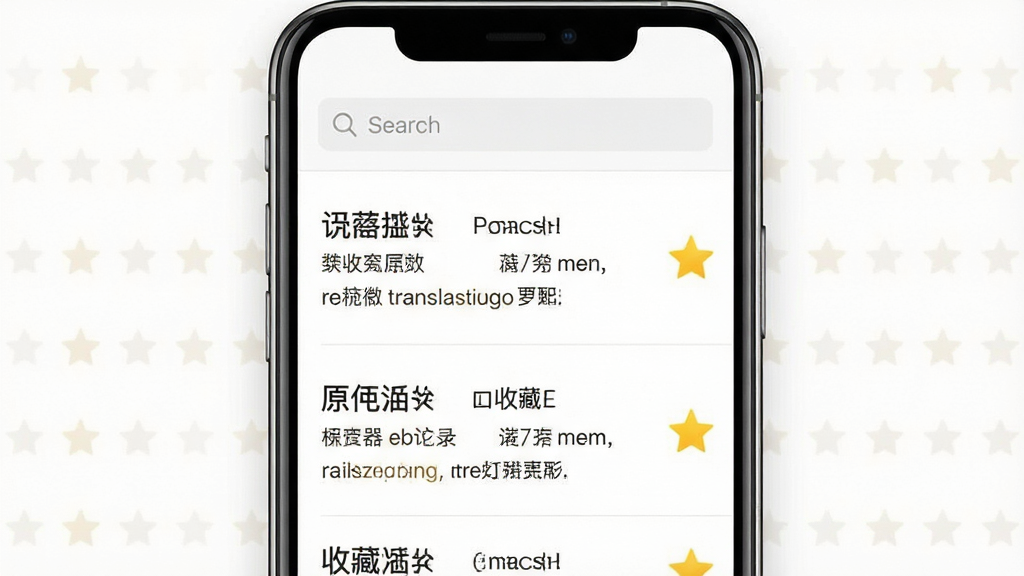 一张翻译器历史记录与收藏功能展示图,画面主体为手机屏幕特写,屏幕上显示翻译器历史记录列表界面,每条记录显示原文和译文对照,右侧有收藏星标图标,顶部有搜索框。背景为白色简洁风格,布局为手机居中展示,风格为清爽列表式UI设计,细节上体现星标高亮和文字层级对比,画质高清干净,无多余元素。