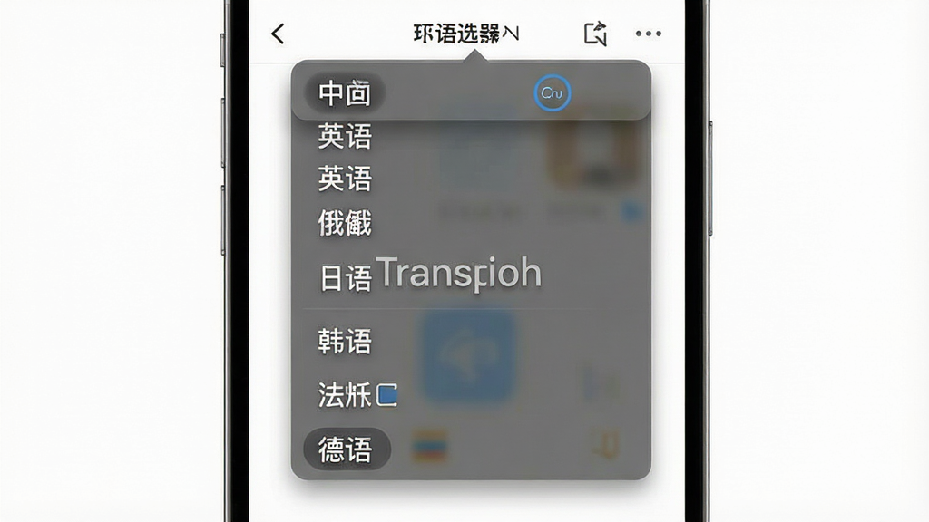 一张翻译器多语种翻译功能展示图,画面主体为手机屏幕特写,屏幕上显示翻译器应用内语言选择下拉菜单,菜单中列出中文、英语、俄语、日语、韩语、法语、德语等语言选项,屏幕中央有翻译器应用名称文字。背景为白色简洁风格,布局为手机居中展示,风格为科技感UI截图,细节上体现菜单阴影和选中高亮效果,画质高清干净,无多余元素。