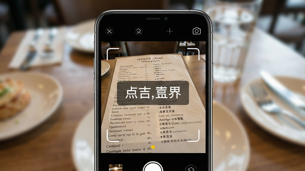 一张翻译器拍照翻译功能展示图,画面主体为手机屏幕特写,屏幕上显示翻译器拍照翻译界面,相机取景框对准一份英文菜单,屏幕上叠加显示中文翻译结果文字。背景为餐厅桌面场景虚化处理,布局为手机居中展示,风格为实景UI合成效果,细节上体现取景框边角和译文浮层,画质高清干净,无多余元素。