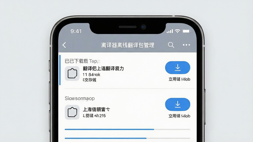 一张翻译器离线翻译功能展示图,画面主体为手机屏幕特写,屏幕上显示翻译器离线翻译包管理界面,列表中展示已下载和可下载的语言包选项,每个选项旁有下载按钮和存储占用大小标注。背景为浅灰色简洁风格,布局为手机居中展示,风格为实用工具类UI设计,细节上体现列表分隔线和下载进度条,画质高清干净,无多余元素。