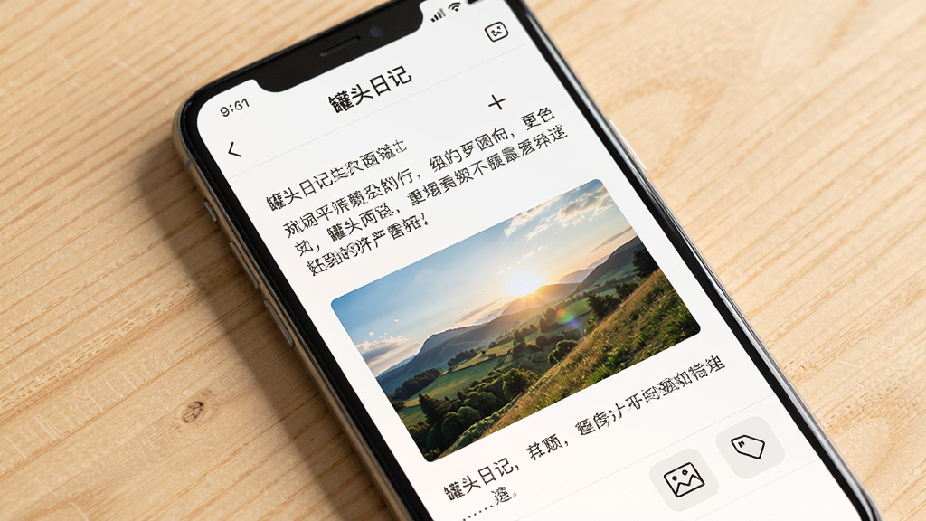 手机屏幕显示“罐头日记”编辑页面,文字段落之间嵌入了一张风景照片,界面排版整洁,旁边有添加图片和标签的图标按钮,背景为浅色木纹桌面,风格温馨自然,画质清晰,无杂乱元素