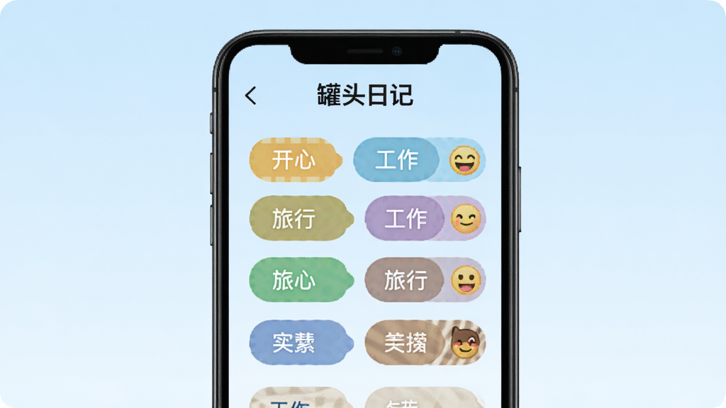 手机屏幕展示“罐头日记”的标签筛选界面,多个彩色标签整齐排列,包含“开心”“工作”“旅行”等字样,旁边有心情表情图标,界面清爽,背景为淡蓝色渐变,画质清晰,无多余元素