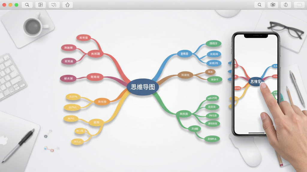 一张展示思维导图(MindNode)软件界面的全景图,画面中央是发散状的彩色思维导图,中心节点写着
