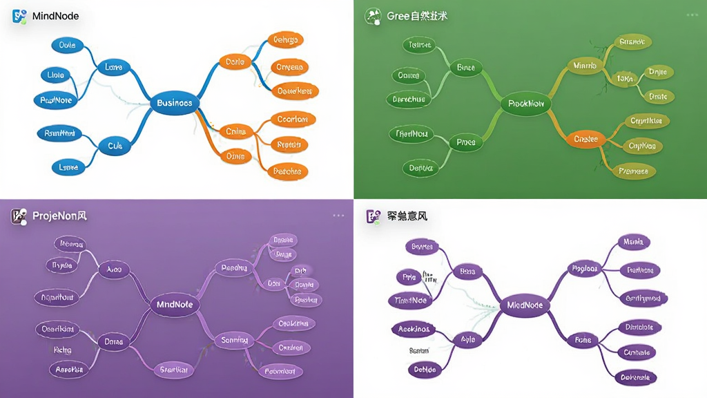 一张展示思维导图(MindNode)多样主题样式的拼贴图,画面由四张不同配色的思维导图小图组成,分别呈现蓝色商务风、橙色活力风、绿色自然风与紫色创意风,布局采用田字格排列,风格为清新简约的UI展示风,细节包括每张图都有清晰的节点与连线,画质高清干净,无多余元素