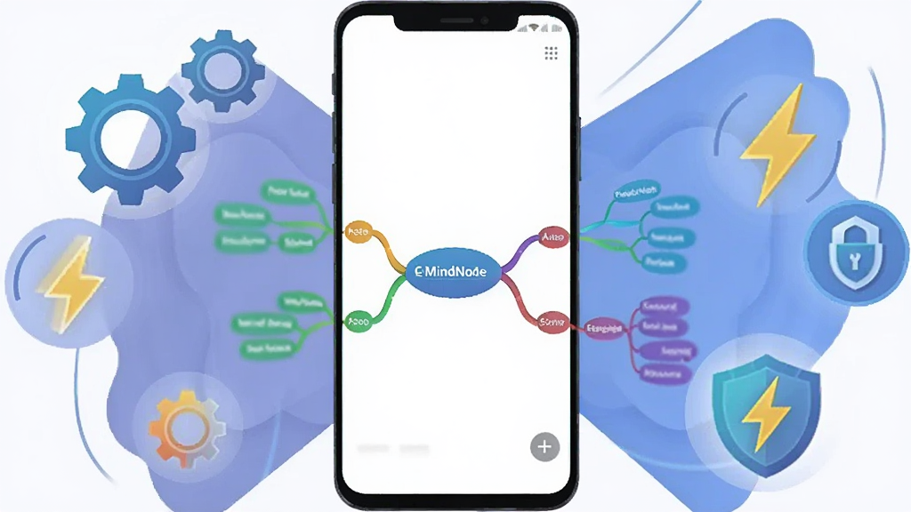 一张展示思维导图(MindNode)在安卓手机上运行流畅的示意图,画面主体是一部竖屏手机,屏幕显示色彩鲜艳的思维导图,四周环绕着齿轮、闪电、盾牌等代表性能与安全的图标,布局采用中心放射构图,风格为扁平化科技插画风,细节包括图标带有微光效果,画质干净清晰,无多余元素