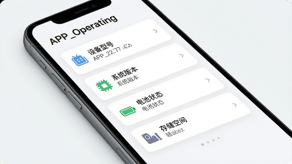 APP_Operating设备信息展示页面概念图,画面中手机屏幕显示设备参数汇总卡片,包含“设备型号”“系统版本”“电池状态”“存储空间”等字段,每项配有对应小图标,页面顶部有“APP_Operating”文字标识,整体排版整齐,风格简约商务,画质高清,画面干净无多余装饰