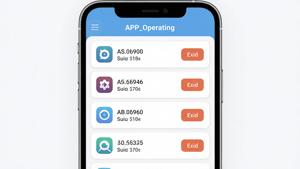 APP_Operating后台进程管理界面示意图,画面以手机屏幕为主体,屏幕内显示纵向排列的应用进程列表,每个条目左侧为应用图标,右侧显示内存占用数值和结束按钮,界面顶部有“APP_Operating”标识,整体采用浅色卡片式布局,风格清爽干净,画质清晰,无杂乱元素