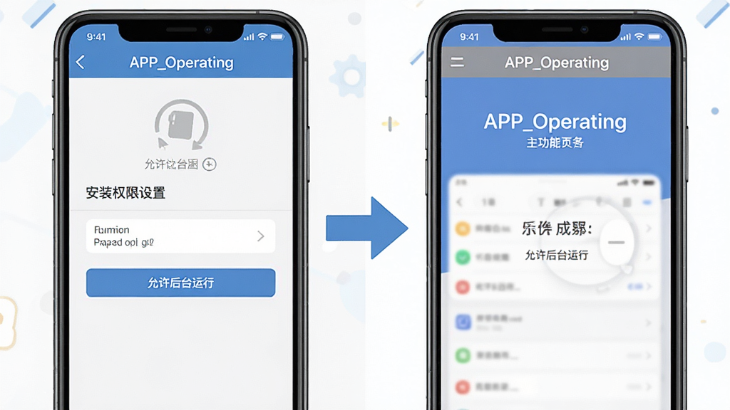APP_Operating新手操作引导示意图,画面展示手机屏幕左右分栏,左侧为安装权限设置界面,右侧为APP_Operating主功能页面,中间用箭头连接表示操作流程,界面文字包含“APP_Operating”和“允许后台运行”等提示,风格为扁平化教程插图,画质清晰,布局条理分明,无多余元素