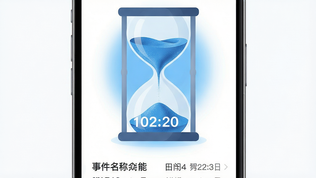 沙漏日历倒计时功能界面,画面中心是一个大型沙漏图形,上半部分装有蓝色沙子正在向下流动,下方显示剩余天数数字。主体为手机屏幕,布局采用上下结构,上方为沙漏动画,下方为事件名称与日期。风格为清新极简风,细节包括柔和的蓝色光晕、细腻的沙粒质感和干净的白色背景,画质高清,无多余元素。
