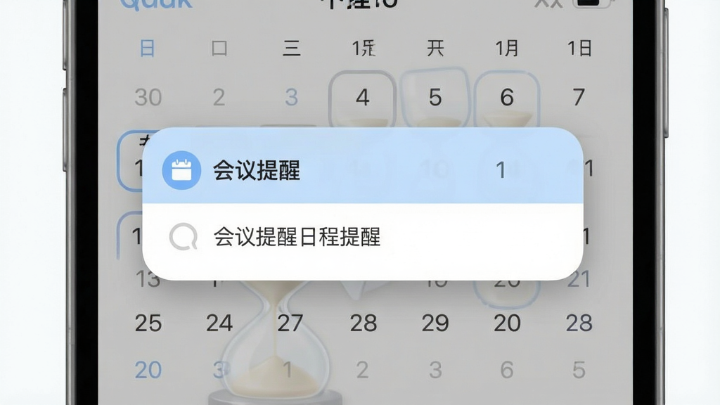 沙漏日历日程提醒设置界面,画面展示手机屏幕中弹出提醒通知,通知卡片上写有“会议提醒”字样,背景为日历月视图。主体为手机样机,布局采用居中构图,风格为柔和圆角卡片设计,细节包括淡蓝色通知横幅、清晰的字体层级和轻微的阴影效果,画质干净,无多余元素。