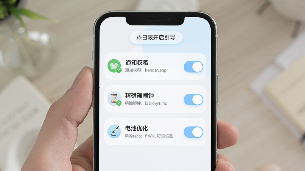 沙漏日历新手设置引导界面,画面展示手机屏幕中显示权限开启引导页,包含通知权限、精确闹钟、电池优化三个设置项,每项旁边有开关按钮。主体为手机样机,布局采用垂直列表结构,风格为清新浅色系,细节包括圆角图标、淡蓝色高亮按钮和简洁的文字说明,画质清晰,无多余元素。
