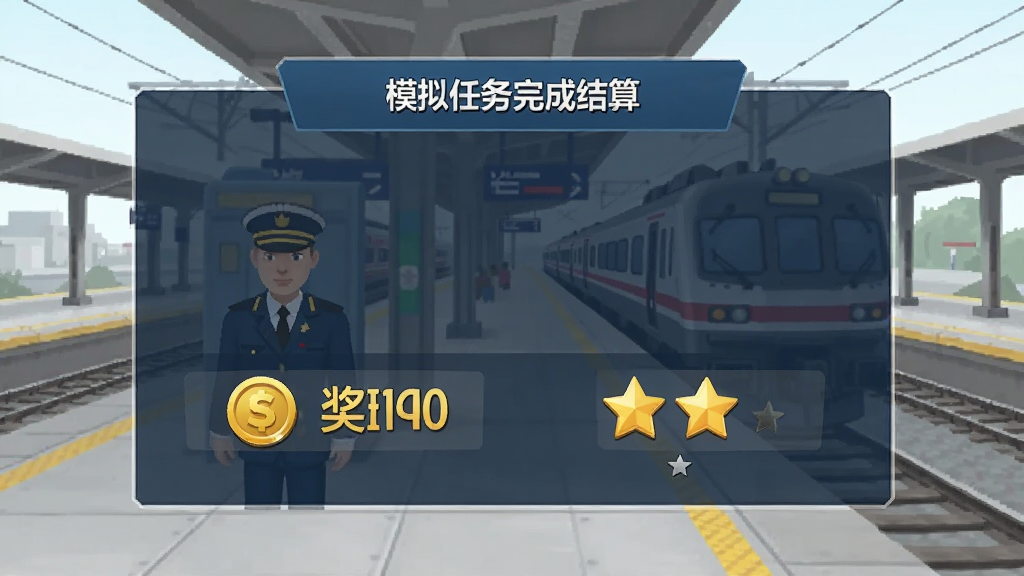 铁路司机:模拟任务完成结算界面,显示金币奖励与星级评价,背景是火车站台,风格简洁,画质干净