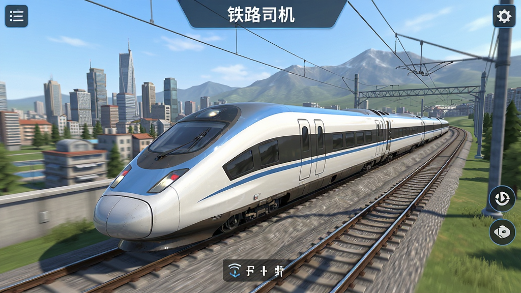 铁路司机:模拟游戏主界面,一列现代高铁行驶在铁轨上,背景是城市与山脉,画面明亮清晰,3D写实风格,细节丰富,画质干净,无多余元素