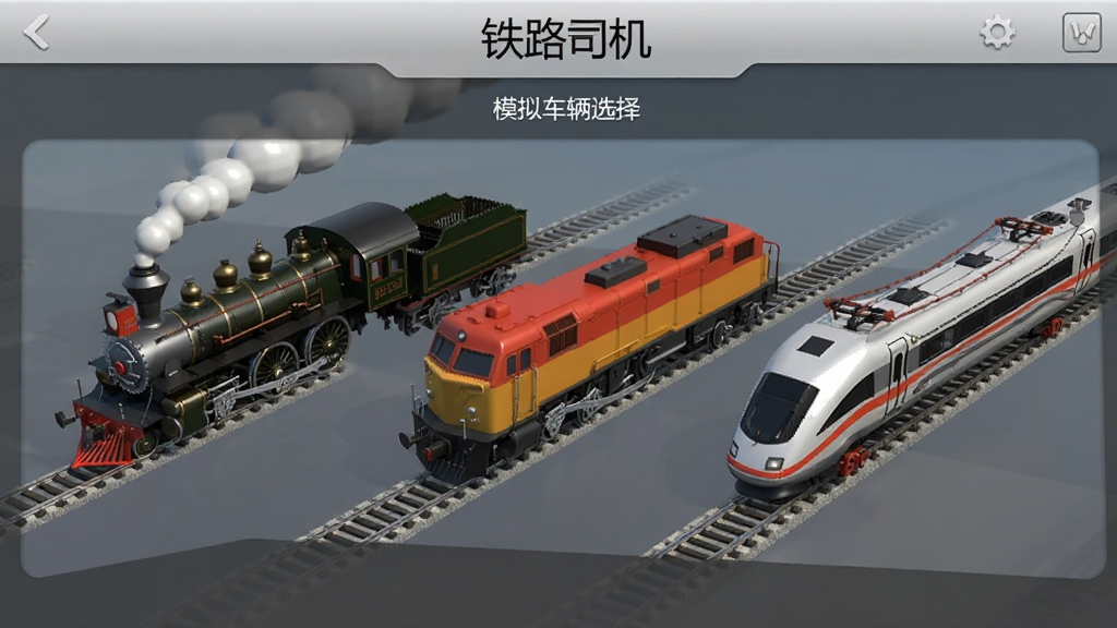 铁路司机:模拟车辆选择界面,展示多款火车模型,包括蒸汽机车、内燃机车和电力动车组,界面简洁,3D渲染,画质清晰