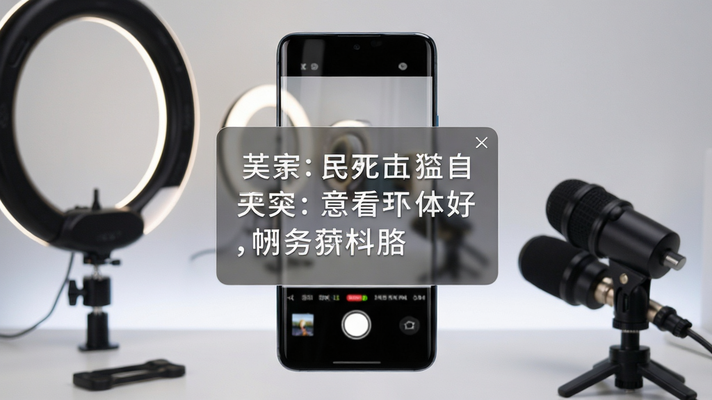 一部安卓手机屏幕竖屏展示,画面中央是半透明悬浮提词器窗口,窗口内显示白色大字中文台词文本,背景是正在录制短视频的相机取景画面,手机周围放置环形补光灯和麦克风,整体布局为手机居中、配件环绕,排版简洁清晰,风格为科技感产品展示,细节包含柔和的屏幕反光、简洁的桌面背景、干净的光影过渡,画质为高清4K,干净,无多余元素