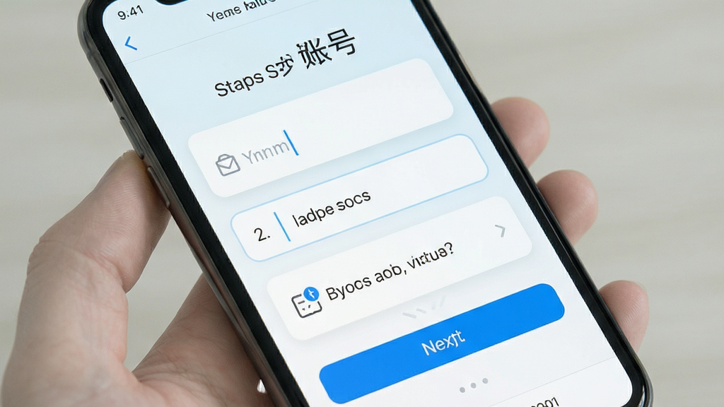 手机邮箱免费管理新手设置引导界面截图,画面展示手机屏幕显示添加账号步骤指引,布局为分步卡片式,风格为清新浅色风,细节包括输入框和下一步按钮,画质清晰,干净无多余元素