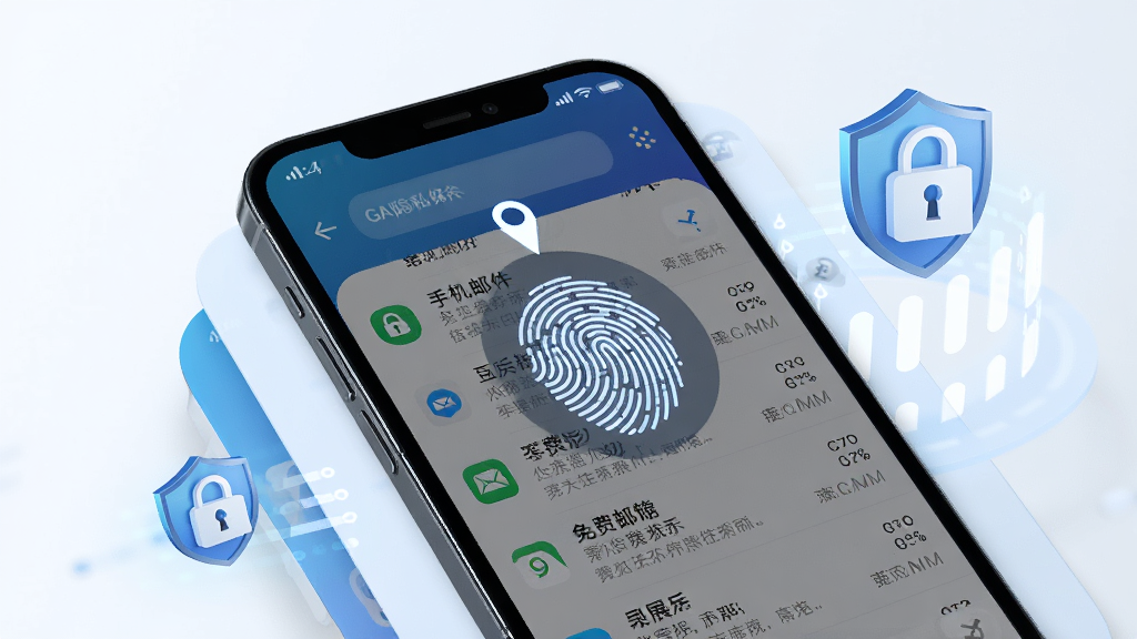 手机邮箱免费管理安全隐私保护功能展示图,画面中央为手机屏幕显示指纹解锁界面覆盖在邮件列表上方,布局为层叠式,风格为科技安全风,细节包括盾牌图标和加密锁标识,画质高清,干净无多余元素