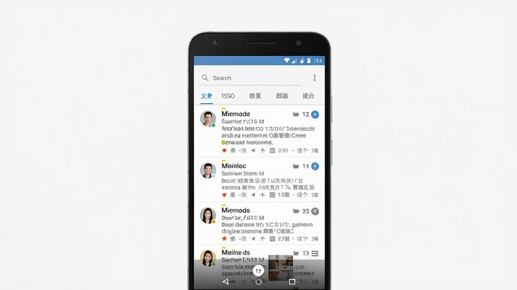 手机邮箱免费管理应用主界面展示图,画面中央是一部安卓手机,屏幕显示邮箱列表收件箱界面,顶部有搜索栏和分类标签,下方排列多封邮件条目,整体布局干净整洁,风格为扁平化科技风,细节包括邮件未读标记和头像图标,画质清晰明亮,干净无多余元素