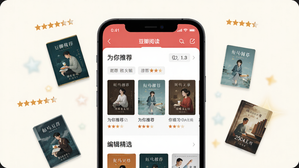 一幅AI生图,画面中展示豆瓣阅读APP的个性化推荐界面,手机屏幕上有“为你推荐”和“编辑精选”字样,周围漂浮着各种书籍封面和读者评分星星,背景是淡雅的米白色,风格简约清新,细节包括推荐标签、书籍缩略图、评分数字,画质高清,干净,无多余元素。