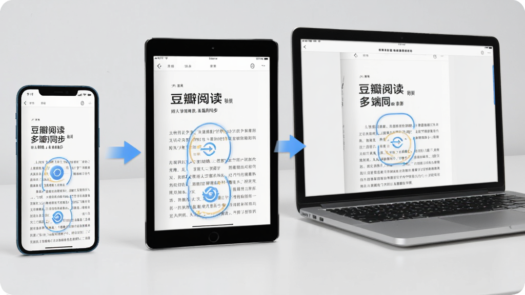 一张展示豆瓣阅读多端同步功能的生图,画面左侧是手机,右侧是平板电脑和笔记本电脑,三台设备屏幕上都显示同一本书的同一页面,中间有同步箭头连接,背景是简洁的桌面环境,风格科技感与文艺感结合,细节包括设备边框、同步图标、书籍页面文字,画质高清,干净,无多余元素。