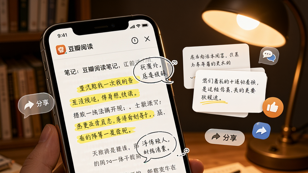 一幅AI生图,画面中展示豆瓣阅读的笔记与分享功能,手机屏幕上有一本书的阅读页面,上面有黄色高亮划线和手写批注气泡,旁边漂浮着书摘卡片和社交分享图标,背景是温暖的阅读灯光,风格温馨文艺,细节包括划线痕迹、批注文字、分享按钮,画质高清,干净,无多余元素。