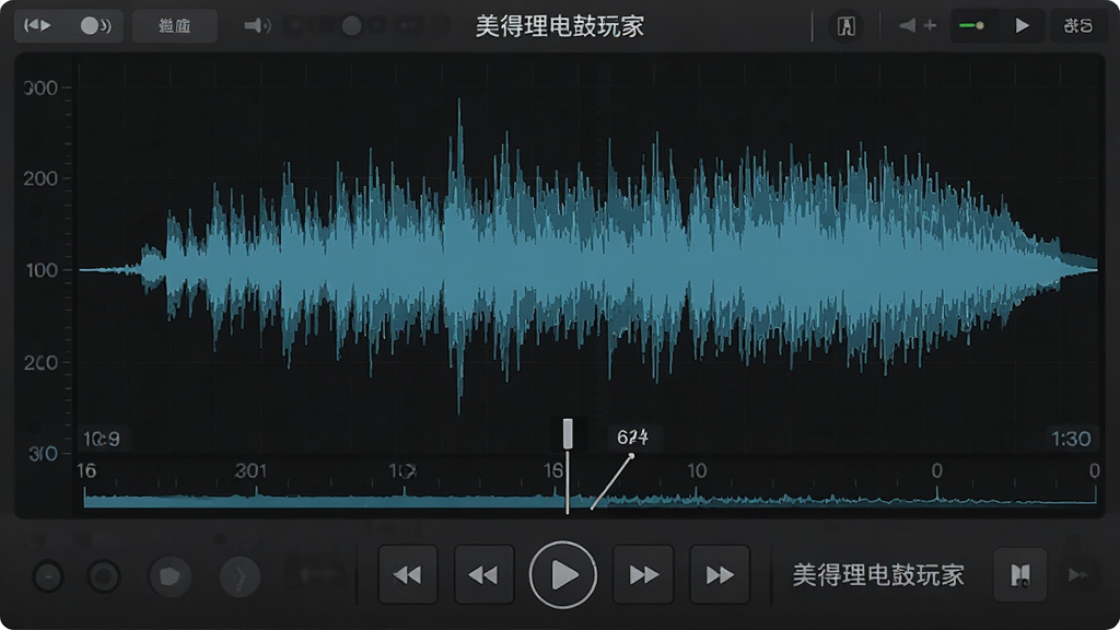 主体是美得理电鼓玩家应用的录音回放界面,布局为中央显示音频波形图、下方显示播放控制按钮,排版采用纵向居中布局,风格为专业音频软件界面,细节包括波形振幅、时间轴刻度、播放头、录音时长文字“美得理电鼓玩家”,背景为深灰色,画质高清,画面干净,无多余元素
