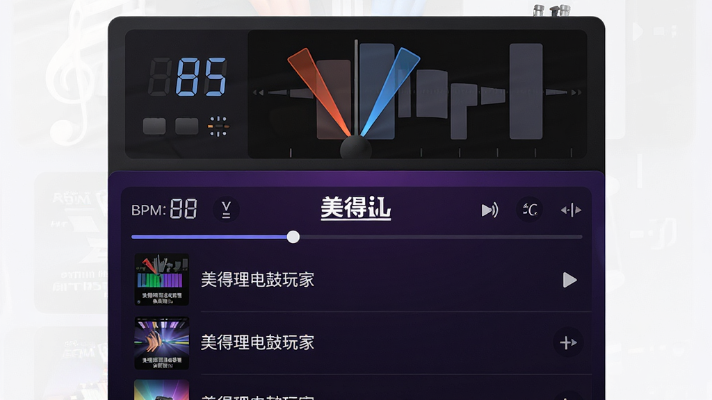 主体是美得理电鼓玩家应用的节拍器与伴奏播放界面,布局为上方显示节拍器摆针动画、下方显示伴奏曲目列表,排版采用上下结构,风格为现代音乐应用UI,细节包括BPM数值、拍号标识、播放进度条、曲目名称“美得理电鼓玩家”,背景为深紫色渐变,画质清晰,画面干净,无多余元素