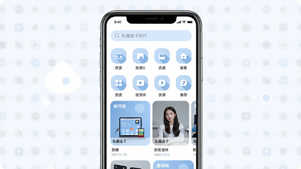 一张展示私趣盒子软件主界面的概念图,画面中央是一部智能手机,屏幕显示私趣盒子应用主页面,页面布局为顶部搜索栏,下方是整齐排列的资源分类图标和推荐卡片,整体色调以白色和浅蓝色为主,风格简洁现代,细节清晰,画质高清,干净无多余元素