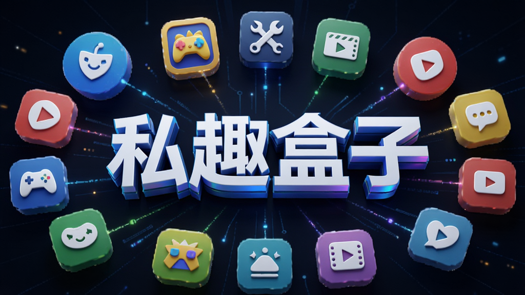 一幅展示私趣盒子资源聚合功能的AI概念图,画面中心是软件名称