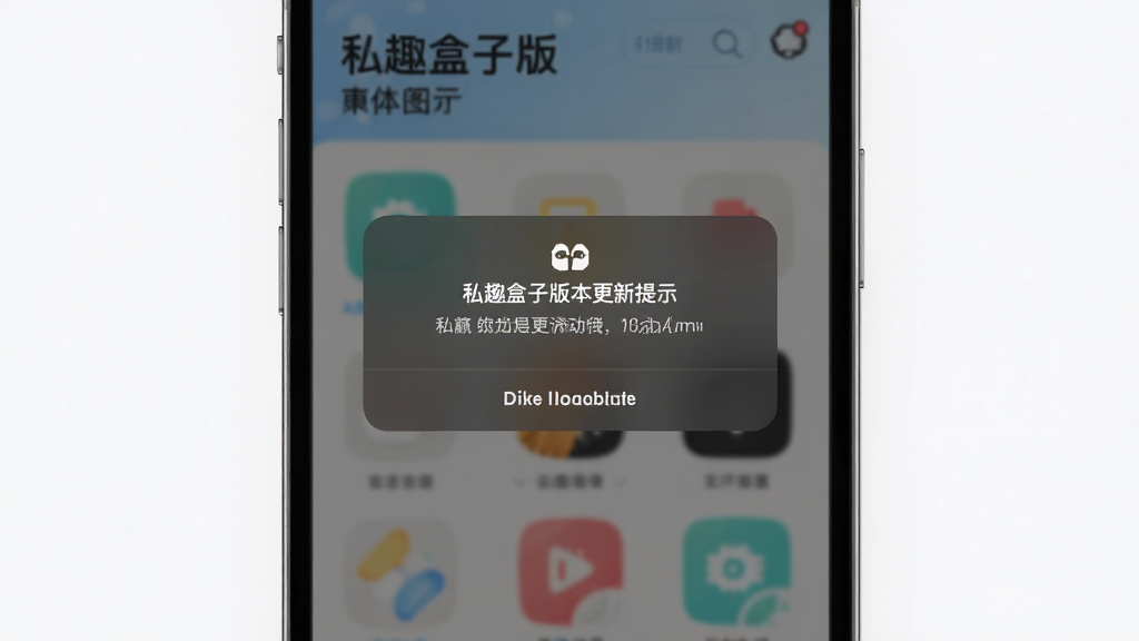 一幅展示私趣盒子版本更新提示弹窗的AI概念图,画面中手机屏幕弹出更新提示对话框,背景是软件主界面虚化效果,风格简洁明快,细节清晰,画质高清,干净无多余元素