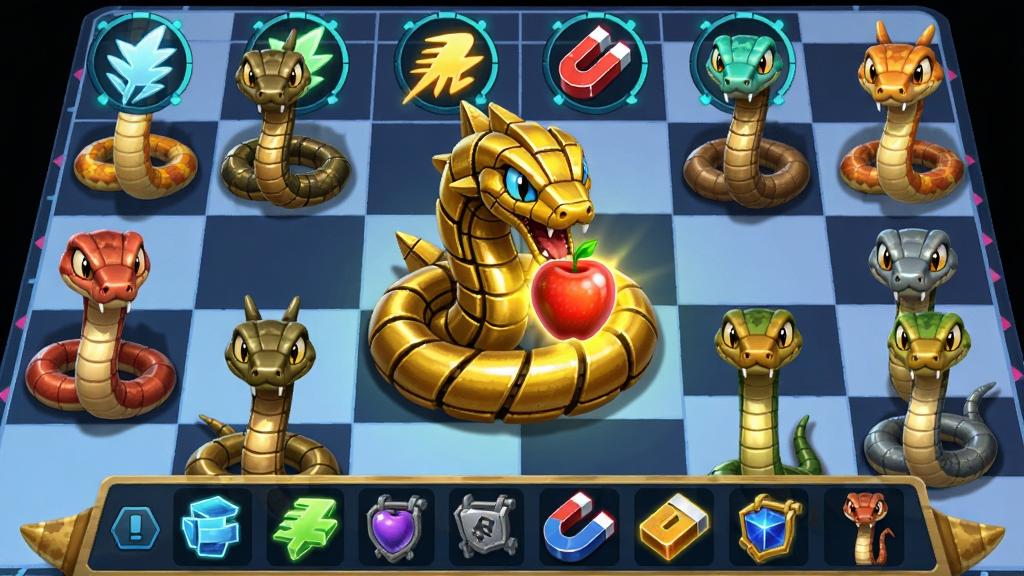 主体为多条不同皮肤的卡通蛇在游戏棋盘上同时出现,布局为蛇蛇吃不停游戏界面截图风格,画面中央一条金色机甲蛇正在吞噬发光苹果,周围环绕着加速、磁铁等道具图标,排版上道具栏位于画面底部,风格为科技感与卡通融合,细节包括蛇身金属质感、道具图标发光、棋盘格子清晰,画质为超清,干净无杂乱元素。