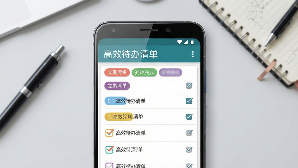 画面中央放置一部安卓手机,手机屏幕显示“高效待办清单”应用主界面,界面上排列着彩色分类标签与勾选完成的待办条目,背景为简洁的浅灰色办公桌面,桌面散落一支笔和一本笔记本,整体布局采用中心对称构图,风格为现代扁平化UI展示,细节包括手机边缘的高光反射、界面图标的微阴影、待办条目的复选框与文字排版,画质为4K超清,干净无多余元素
