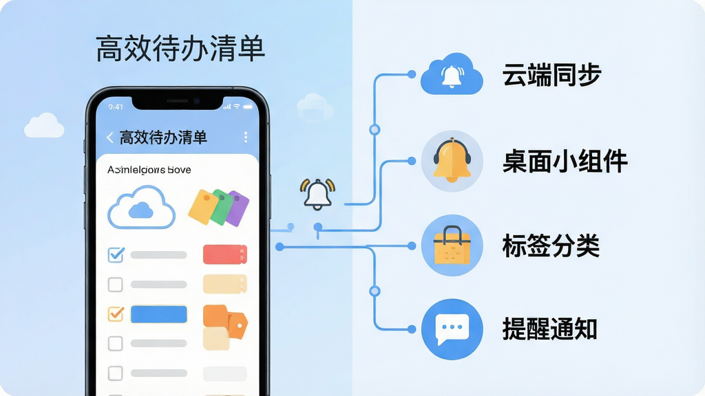 一张信息图风格的画面,左侧展示“高效待办清单”手机界面截图,右侧用图标和连线展示云端同步、桌面小组件、标签分类、提醒通知四大功能模块,背景为柔和的蓝白渐变,布局采用左右分栏对比排版,风格为科技感扁平插画,细节包括云朵图标、铃铛图标、标签色块、手机轮廓线,画质为高清矢量质感,干净无多余元素