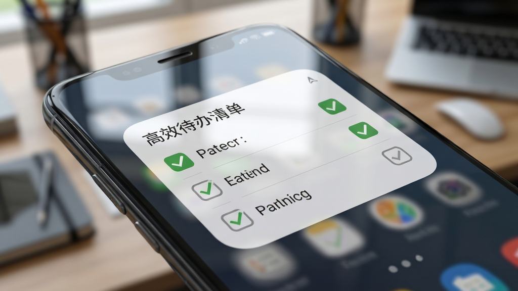 一部安卓手机屏幕特写,显示“高效待办清单”的桌面小组件,小组件上列出三条待办事项并带有复选框,手机背景为模糊的办公桌场景,画面采用微距倾斜视角构图,风格为真实产品摄影,细节包括屏幕玻璃反光、小组件圆角边缘、复选框的勾选状态,画质为8K超清,干净无多余元素
