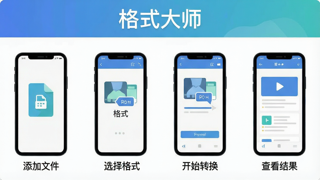 一张展示格式大师在手机上操作流程的示意图,画面分为四个步骤:添加文件、选择格式、开始转换、查看结果,每个步骤配以简洁的手机界面图标,顶部有“格式大师”文字,整体风格扁平化,配色清新,画质干净清晰
