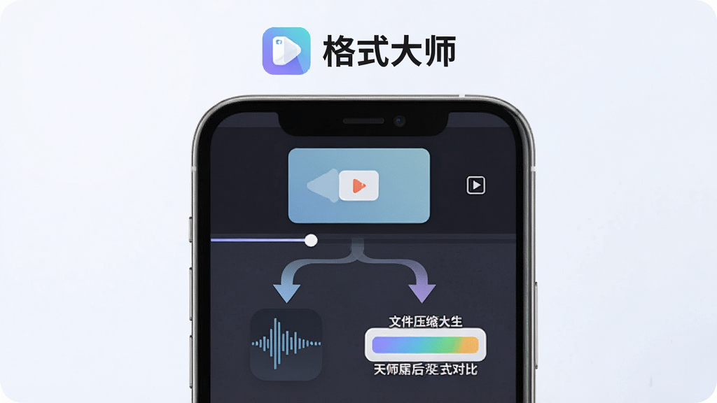 一张展示格式大师音频提取与视频压缩功能的图片,画面中一部手机屏幕显示视频文件正在被处理,箭头指向下方生成的音频波形图标和压缩后的文件大小对比条,屏幕上方有“格式大师”标志,整体风格现代简洁,色彩柔和,画质清晰