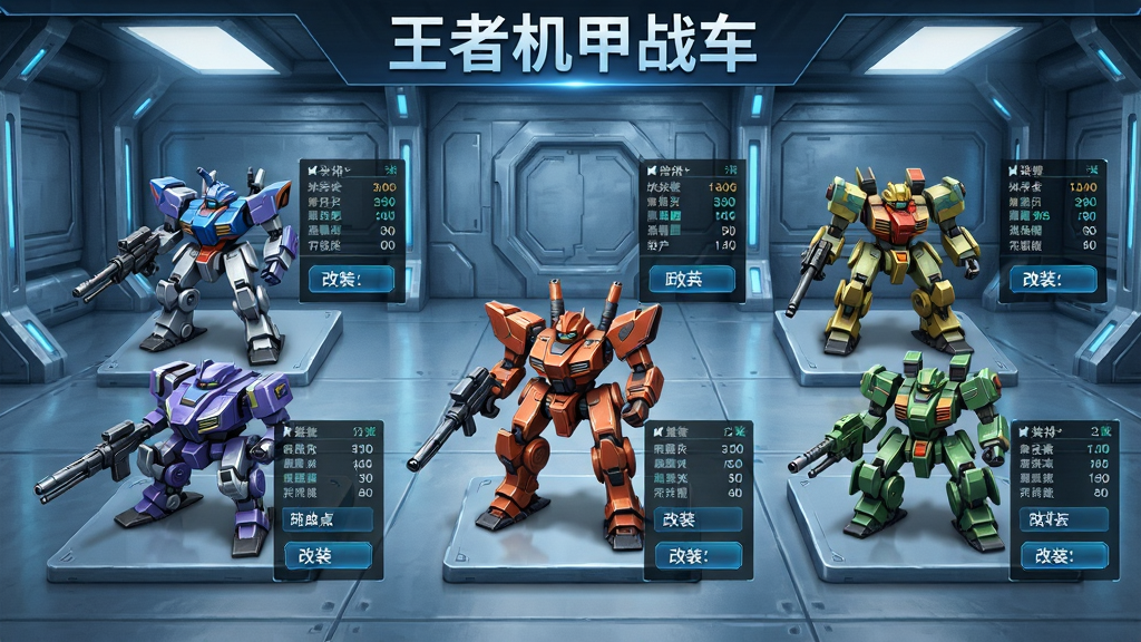 一张展示多台不同造型机甲战车的陈列界面截图风格图片,画面中排列着五台颜色各异、武器配置不同的机甲战车,每台机甲旁边有属性数值面板与改装按钮,背景为科技感十足的机库,冷色调金属质感,布局清晰,画面干净,无多余元素,高清画质,图片上方带有“王者机甲战车”文字标识