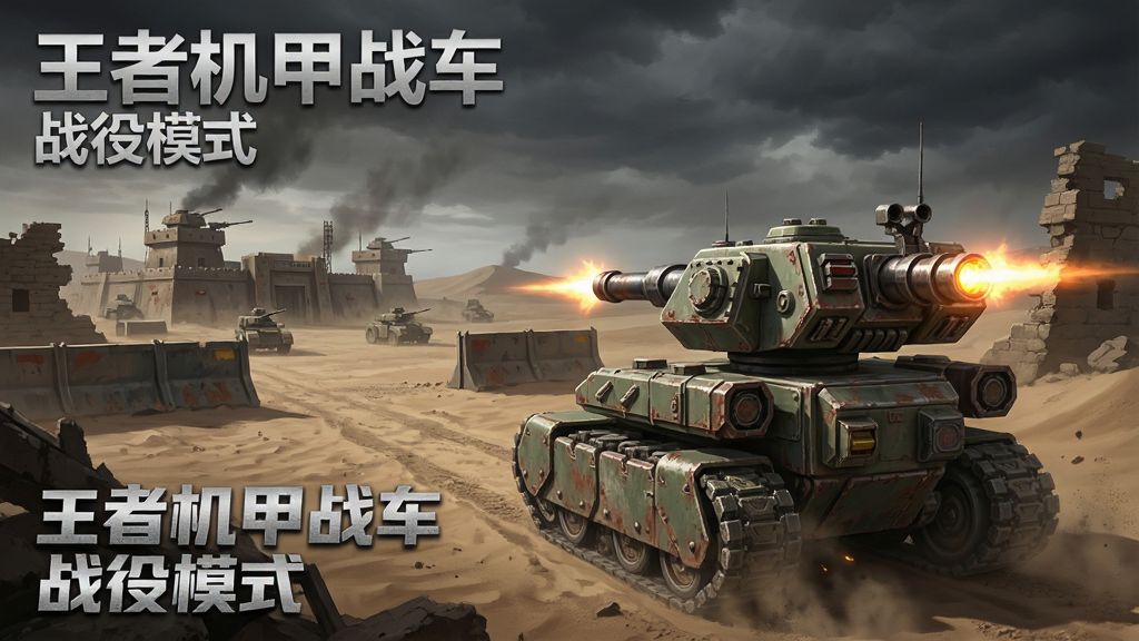 一张机甲战车在单人战役关卡中行进的概念图,画面展示荒漠废墟中的机甲战车,前方有敌方据点与障碍物,天空阴沉,气氛紧张,机甲炮口发光,采用写实风格,构图以广角展现战场全貌,画面干净,无多余元素,高清画质,画面中带有“王者机甲战车”战役模式字样