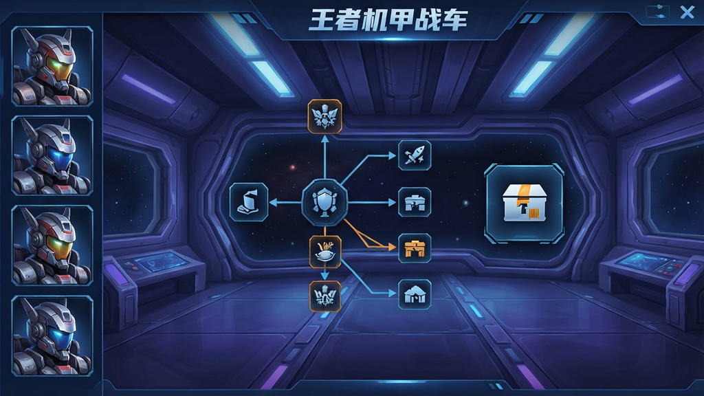 一张军团大厅界面的概念图,画面中显示多名机甲驾驶员头像排列在侧边栏,中央是军团科技树与共享仓库图标,背景为太空站内部,科技感强,色调以蓝紫为主,布局对称,画面干净,无多余元素,高清画质,画面中带有“王者机甲战车”军团系统文字