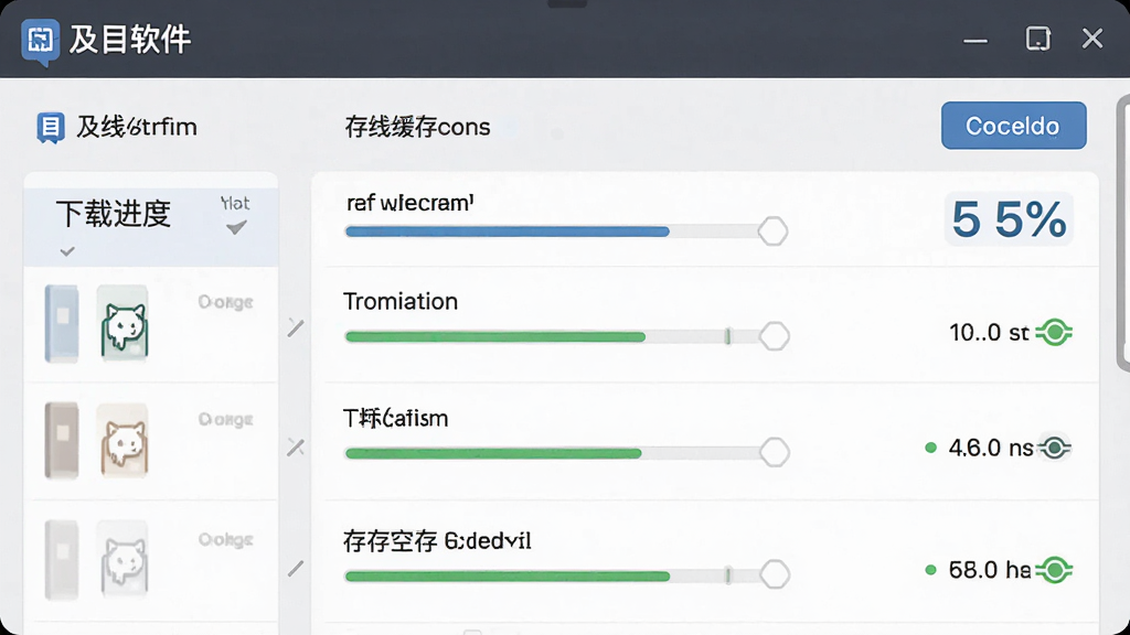 主体为及目阅读软件的离线缓存管理界面,展示下载进度和已缓存书籍列表;布局为列表式排列,配有进度条和状态图标;排版清晰,信息层级分明;风格为实用型工具界面;细节包括缓存按钮、进度百分比、存储空间提示;画质高清,干净,无多余元素