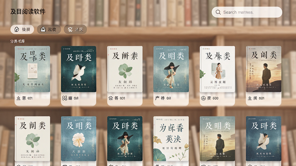 主体为及目阅读软件的书库界面,展示多个书籍封面排列;布局为网格状书架,背景有柔和的书架纹理;排版整齐,分类标签清晰可见;风格为清新简约的阅读类应用界面;细节包括书籍封面、分类图标、搜索框;画质高清,干净,无多余元素