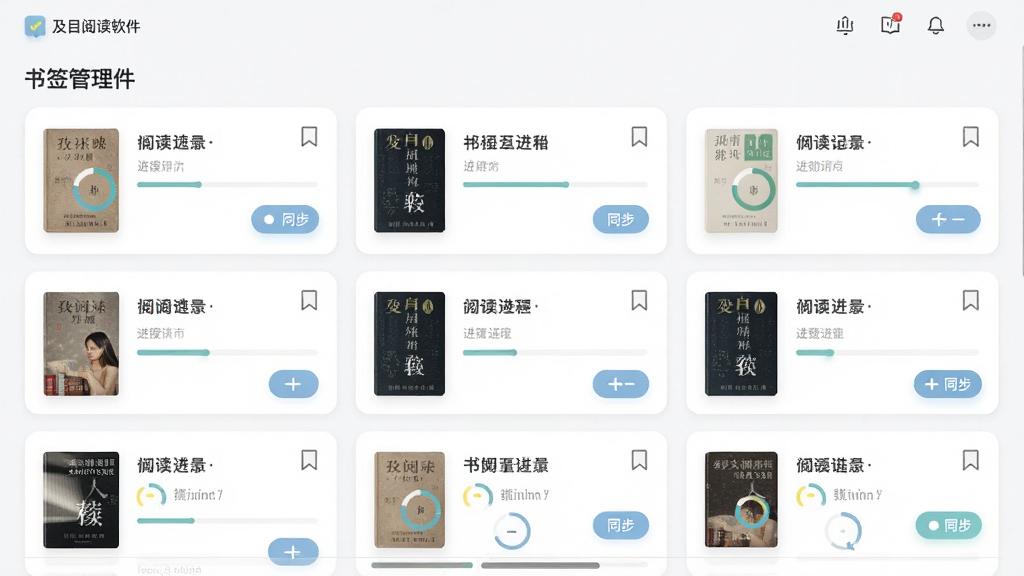 主体为及目阅读软件的阅读记录与书签管理页面,展示多本书籍的阅读进度条和书签标记;布局为卡片式列表,每张卡片包含书名、进度和操作按钮;排版简洁,色彩柔和;风格为现代阅读应用界面;细节包括进度环、书签图标、同步状态提示;画质高清,干净,无多余元素