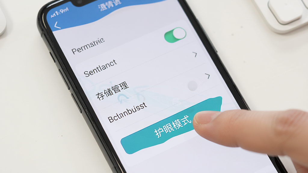 主体为手机屏幕显示及目阅读的设置界面,旁边有手指点击操作;布局为手机特写,背景为简洁桌面;排版突出设置选项;风格为教程类示意图;细节包括权限开关、存储管理、护眼模式按钮;画质高清,干净,无多余元素