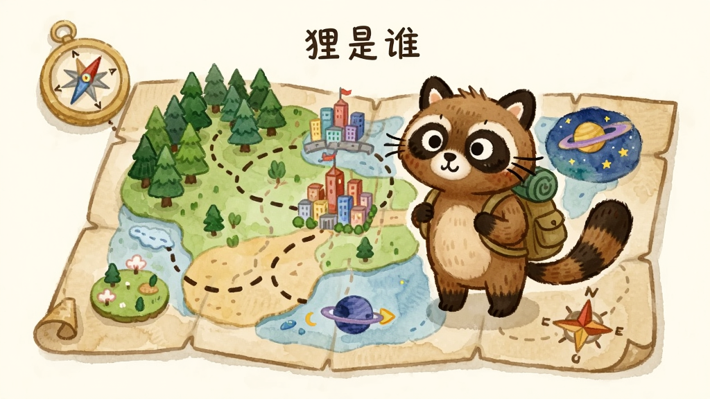 卡通狸猫站在一张展开的冒险地图上,地图上有森林、城市、太空等不同区域的微缩景观,背景为米白色,风格为手绘水彩插画,细节包括地图边缘的指南针、区域间的虚线路径、狸猫背着的旅行背包,画质清晰干净,无多余元素,画面中文字标注“狸是谁”