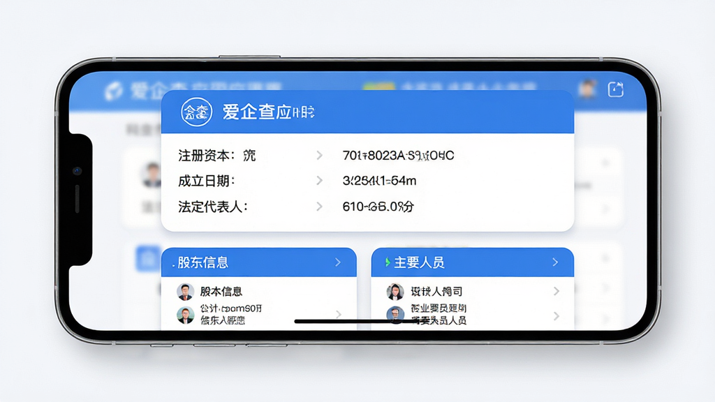 爱企查应用内企业信息搜索结果页面展示图,画面中一部手机横屏展示,屏幕中央清晰呈现某科技公司的工商注册信息卡片,包含注册资本、成立日期、法定代表人等字段,下方有股东信息和主要人员列表,界面以蓝白配色为主,风格简洁专业,细节表现数据卡片圆角与阴影层次,画质高清,干净无多余元素