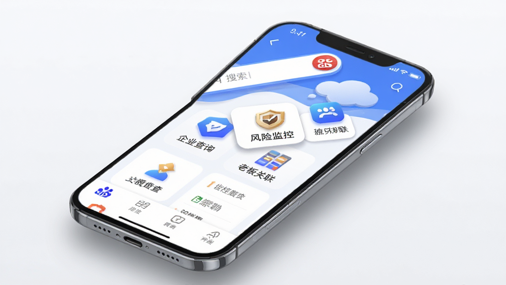 爱企查手机APP主界面全貌预览图,画面中央展示一部现代智能手机,屏幕亮起显示爱企查应用首页,顶部搜索框醒目,下方排列企业查询、风险监控、老板关联等功能图标,整体布局清晰有序,配色以百度蓝和白色为主,背景干净简洁,风格现代商务科技感,细节表现图标立体感与阴影质感,画质高清1080p,干净无多余元素