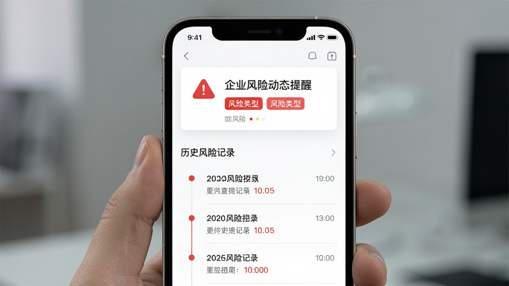 爱企查应用风险监控功能界面展示图,画面中一部手机竖屏展示,屏幕上方显示企业风险动态提醒卡片,带有红色警示图标和风险类型标签,下方列表呈现历史风险记录时间线,界面配色以白色为主、风险项以红色点缀,风格清晰警示感强,细节表现图标与文字排版层次,画质高清,干净无多余元素
