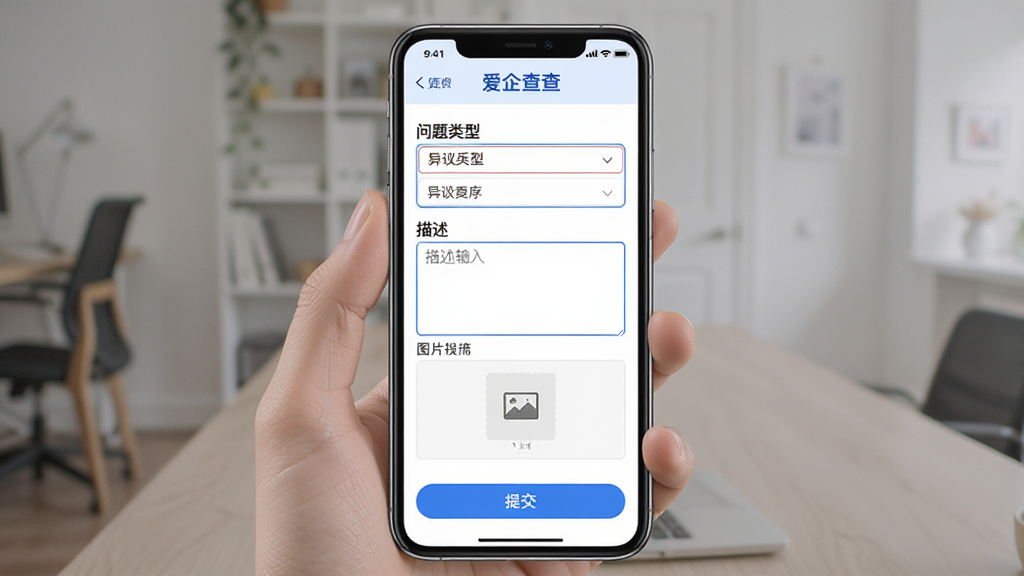 爱企查应用异议反馈与客服服务界面展示图,画面中一部手机竖屏展示,屏幕呈现反馈表单页面,包含问题类型选择、描述输入框和图片上传区域,底部有提交按钮,界面以白色背景搭配蓝色主按钮,风格简洁易用,细节表现表单输入框的边框和占位文字,画质高清,干净无多余元素