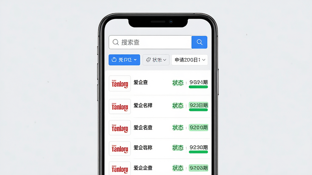 爱企查商标专利检索功能界面展示图,画面中一部手机竖屏展示,屏幕上半部分为搜索输入框和筛选条件栏,下半部分以列表形式展示多条商标记录,每条包含商标图样、名称、状态和申请日期,界面配色清爽以白灰为主、状态标签用蓝绿区分,风格专业严谨,细节表现商标缩略图清晰度,画质高清,干净无多余元素