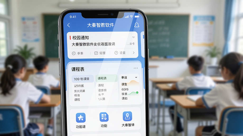 �����ǽ�����������ȫòչʾ������Ϊһ�������ֻ���Ļ����Ļ����ʾ�����ǽ�APP����ҳ���֣�����У԰֪ͨ��Ƭ���γ̱�ģ�顢���ܿ�����ͼ�꣬���������������Ű�������½ṹ�����Ϊ�ִ���Լ�Ƽ��磬ϸ������Ļ����΢���⣬����Ϊ�黯�Ľ��ҳ��������ʸ��壬����ɾ����޶���Ԫ��